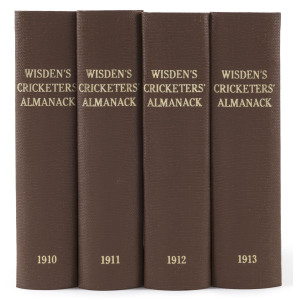 1910, 1911, 1912, & 1913 editions of Wisden Cricketers' Almanack rebound into brown cloth boards with gilt on spine, original wrappers intact (1910 missing front cover), all editions with complete advertisements and photoplates; Fair/Good condition. (4)