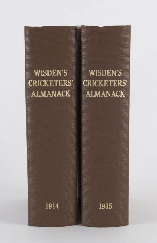 1914 & 1915 of Wisden Cricketers' Almanack rebound into brown cloth boards with gilt on spine, both with (aged) original wrappers, photoplates and advertising papers intact (1915 edition with pages ii & iii partially adhered to each other); Fair/Good cond