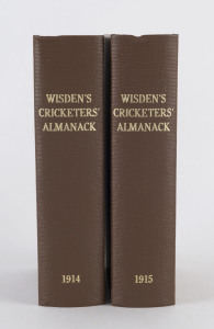 1914 & 1915 of Wisden Cricketers' Almanack rebound into brown cloth boards with gilt on spine, both with (aged) original wrappers, photoplates and advertising papers intact (1915 edition with pages ii & iii partially adhered to each other); Fair/Good condition overall.