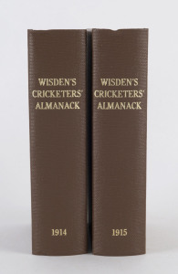 1914 & 1915 of Wisden Cricketers' Almanack rebound into brown cloth boards with gilt on spine, both with (aged) original wrappers, photoplates and advertising papers intact (1915 edition with pages ii & iii partially adhered to each other); Fair/Good cond