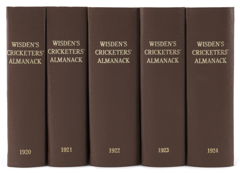 1920-1924 editions of Wisden Cricketers' Almanack rebound into brown cloth boards with gilt inscriptions on spine, 1920 missing front wrapper, 1922 missing back wrapper and many pages with fragments cut out to facilitate a previous owner's indexing system