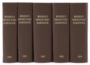 1920-1924 editions of Wisden Cricketers' Almanack rebound into brown cloth boards with gilt inscriptions on spine, 1920 missing front wrapper, 1922 missing back wrapper and many pages with fragments cut out to facilitate a previous owner's indexing system, 1924 no front or back wrappers; condition overall Fair/Good. (5)