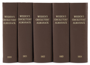 1920-1924 editions of Wisden Cricketers' Almanack rebound into brown cloth boards with gilt inscriptions on spine, 1920 missing front wrapper, 1922 missing back wrapper and many pages with fragments cut out to facilitate a previous owner's indexing system