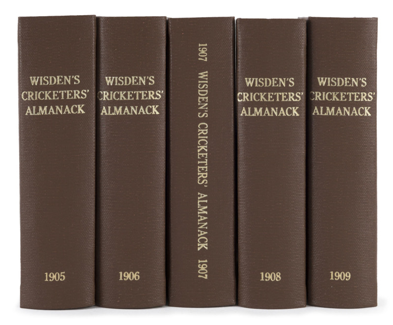 1905, 1906, 1907, 1908 & 1909 editions of Wisden Cricketers' Almanack rebound into brown cloth boards with gilt on spine, original wrappers intact (1908 missing back cover), all editions with complete advertisements and photoplates; Fair/Good condition. (