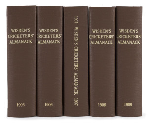 1905, 1906, 1907, 1908 & 1909 editions of Wisden Cricketers' Almanack rebound into brown cloth boards with gilt on spine, original wrappers intact (1908 missing back cover), all editions with complete advertisements and photoplates; Fair/Good condition. (5)