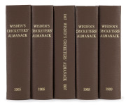 1905, 1906, 1907, 1908 & 1909 editions of Wisden Cricketers' Almanack rebound into brown cloth boards with gilt on spine, original wrappers intact (1908 missing back cover), all editions with complete advertisements and photoplates; Fair/Good condition. (