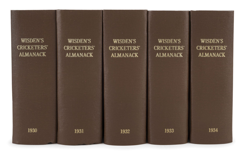 1930-1934 editions of Wisden Cricketers' Almanack rebound into brown cloth boards with gilt inscriptions on spine, 1931 missing front & back wrappers, the condition of wrappers on other editions is quite variable; 1933 edition with Cricket Bat bookmark (B