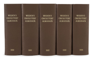 1930-1934 editions of Wisden Cricketers' Almanack rebound into brown cloth boards with gilt inscriptions on spine, 1931 missing front & back wrappers, the condition of wrappers on other editions is quite variable; 1933 edition with Cricket Bat bookmark (Bat handle missing as is usual); condition overall Fair/Good. (5)