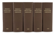 1930-1934 editions of Wisden Cricketers' Almanack rebound into brown cloth boards with gilt inscriptions on spine, 1931 missing front & back wrappers, the condition of wrappers on other editions is quite variable; 1933 edition with Cricket Bat bookmark (B