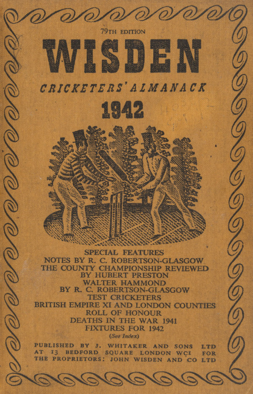 1942 edition of "Wisden Cricketers Almanack", rebound into brown cloth boards preserving the original buff linen covers, gilt inscriptions on spine; Good condition. Elusive wartime issue.