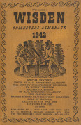 1942 edition of "Wisden Cricketers Almanack", rebound into brown cloth boards preserving the original buff linen covers, gilt inscriptions on spine; Good condition. Elusive wartime issue.