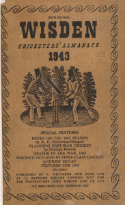 1943 edition of "Wisden Cricketers Almanack", rebound into brown cloth boards preserving the original buff linen covers, gilt inscriptions on spine; Good condition. Scarce wartime issue.