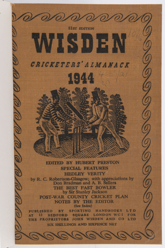 1944 edition of "Wisden Cricketers Almanack", rebound into brown cloth boards preserving the original buff linen covers, gilt inscriptions on spine; Fair/Good condition. Scarce wartime issue.