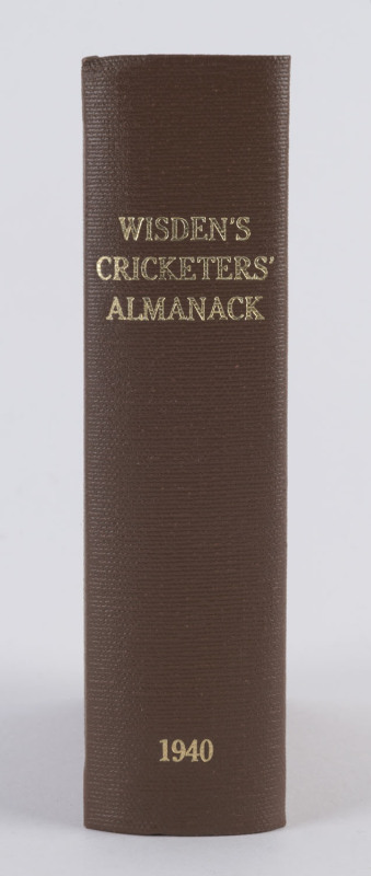 1940 edition of "Wisden Cricketers Almanack", rebound into brown cloth boards preserving the original limp yellow cloth covers, gilt inscriptions on spine; Fair condition. Scarce wartime issue.