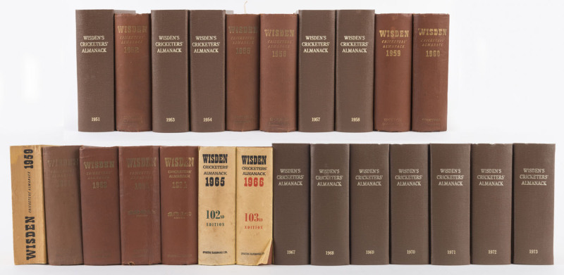 1951-1973 complete run of "Wisden's Cricketers' Almanack" comprising hardbound editions for 1952, 1955-56, 1959, 1960-66 (1965 & 1966 with dustcovers), 1959 with limp yellow cover, plus rebound limp yellow covers into brown cloth boards for 1951, 1953-54,