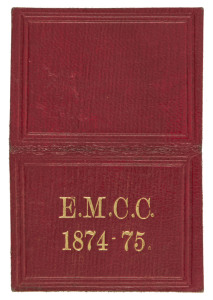 EAST MELBOURNE CRICKET CLUB: 1874-75 Membership Card; red leather exterior with gilt embossing, interior printed in blue and completed in manuscript for "W.J. Daly, Esq." and signed by the Hon. Treasurer J.G. Russell. Superb.