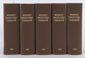 1935-1939 editions of Wisden Cricketers' Almanack rebound into brown cloth boards preserving the original covers, gilt inscriptions on spine, the condition of original wrappers is quite variable; 1936 edition with Cricket Bat bookmark (Bat handle missing); condition overall Fair/Good. (5)