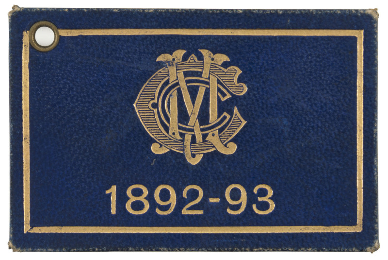 MELBOURNE CRICKET CLUB: 1892-93 Member's Season Ticket, dark blue leather with gold embossed logo and dates; the reverse with membership number "150"  and signed by the member, the Hon. Treasurer and the club secretary. 