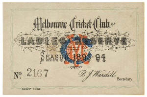 MELBOURNE CRICKET CLUB: 1893-94 Ladies Reserve Season Ticket, with number "2167" stamped at lower left and the member's signature "H. Brush" on reverse. Superb condition.