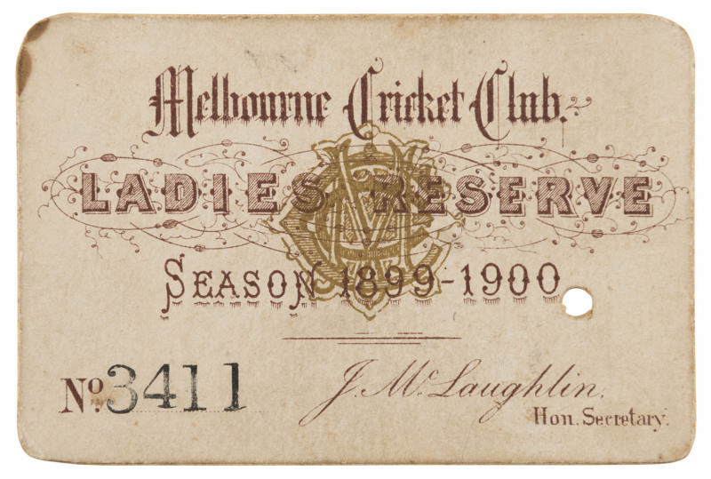 MELBOURNE CRICKET CLUB: 1899 - 1900 LADIES RESERVE Season's Ticket, No.3411 for C.J. Boden.