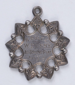 1878-79 Royal Oak Hotel Cricket Club medal awarded to W.Burke for "All Round Play"; crossed bat and wicket on reverse.