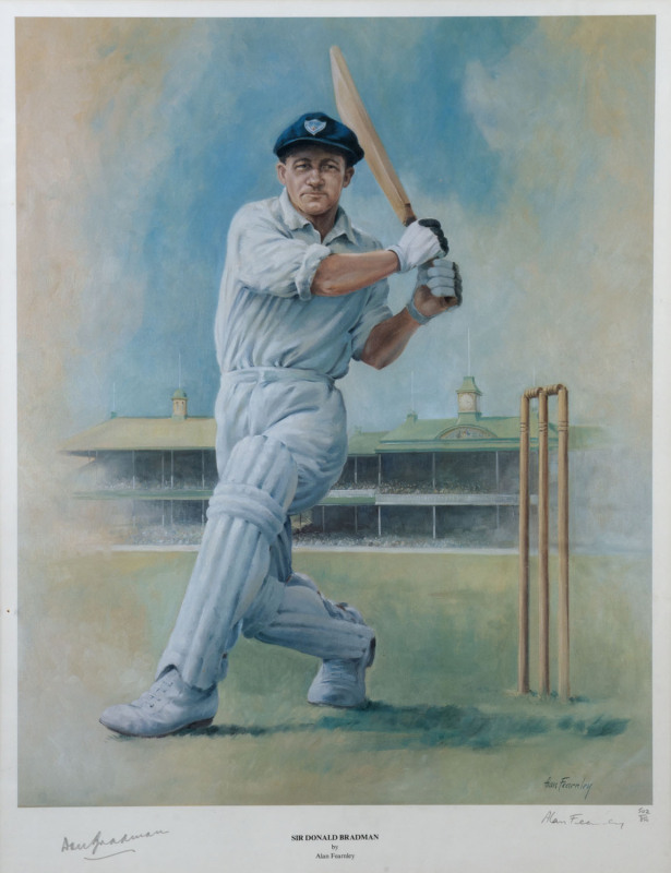 DON BRADMAN: "Sir Donald Bradman" print by Alan Fearnley showing Bradman wearing his NSW cap with SCG in the background, signed by Bradman and by the artist, limited edition numbered "502/850", framed & glazed, overall 76x62cm.