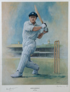 DON BRADMAN: "Sir Donald Bradman" print by Alan Fearnley showing Bradman wearing his NSW cap with SCG in the background, signed by Bradman and by the artist, limited edition numbered "502/850", framed & glazed, overall 76x62cm.