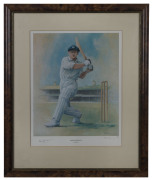 DON BRADMAN: "Sir Donald Bradman" print by Alan Fearnley showing Bradman wearing his NSW cap with SCG in the background, signed by Bradman and by the artist, limited edition numbered "502/850", framed & glazed, overall 76x62cm. - 2