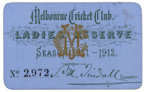 MELBOURNE CRICKET CLUB, 1911-12 Ladies Reserve Season ticket, No.2972; signed on the back by L. Simpson.