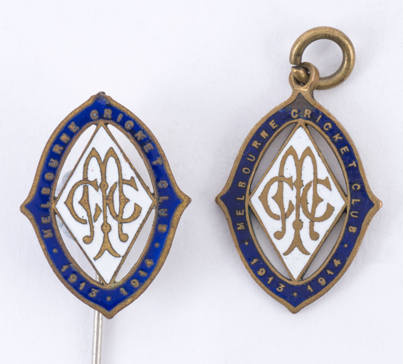 MELBOURNE CRICKET CLUB, 1913-14 Membership fobs, made by Stokes; one modified to be worn as a lapel pin. The fob for member No.1885. (2 items).