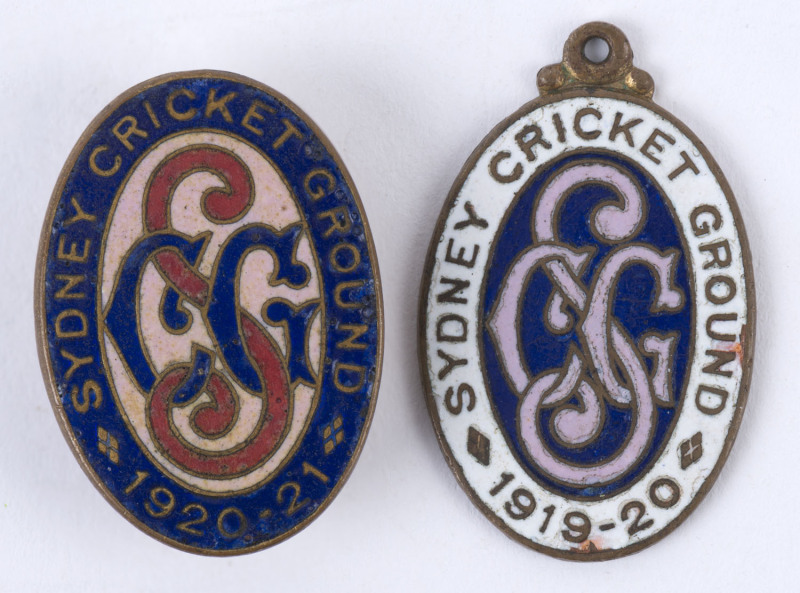 SYDNEY CRICKET GROUND: 1919-20 Membership fob (No.617) and 1920-21 Membership lapel badge (No.2087). (2 items).