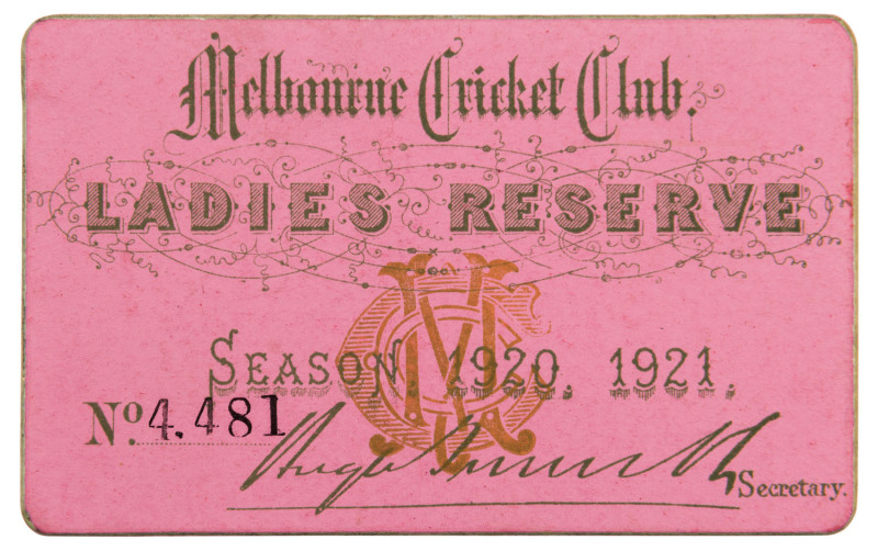 MELBOURNE CRICKET CLUB, 1920-21 Ladies Reserve Season ticket, No.4481.