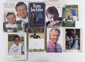 LITERATURE - SELECTION WITH PLAYER SIGNATURES: comprising hardbound Tony Jacklin "The First Forty Years" (1985) with large colour photo (16x20cm) signed by Jacklin, "Seve - Ryder Cup Hero" by Lauren St John (1997) with Ballesteros signature on piece, Nick Faldo "Life Swings" autobiography (2004) with large (15x21cm) signed photo of Faldo, Greg Norman "The Way of the Shark (2006) signed inscribed "Attack Life" by Norman;