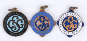 SYDNEY CRICKET GROUND 1927-28 (No.2141) and 1928-29 (No.657) Membership fobs, together with the Country Membership fob for 1923-33 (No.448); made by Amor. (3 items).