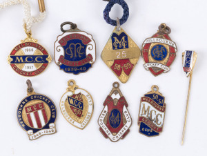 MELBOURNE CRICKET CLUB Membership fobs for 1939-40, 1946-47, 1948-49, 1949-50, 1950-51, 1956-57 & 1958-59; also a 50 Year Membership lapel pin. (9 items).