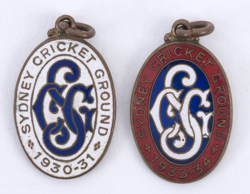 SYDNEY CRICKET GROUND Membership fobs for 1930-31 (No.1041) and 1933-34 (No.2714), made by Amor. (2 items).