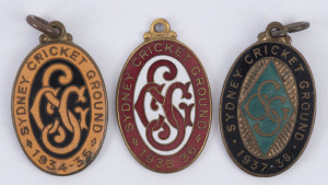 SYDNEY CRICKET GROUND Membership fobs for 1934-35 (No.3321), 1935-36 (No.411) and 1937-38 (No.2275), the first 2 made by Amor, the last made by Angus & Coote. (3 items).