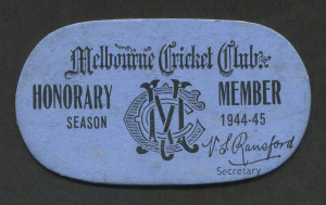 MELBOURNE CRICKET CLUB: 1944-45 Honorary Membership Ticket for "Mr B.L. Grant", numbered 'H53' on thick blue card, dated '1SEP1944'. Elusive WWII era ticket.