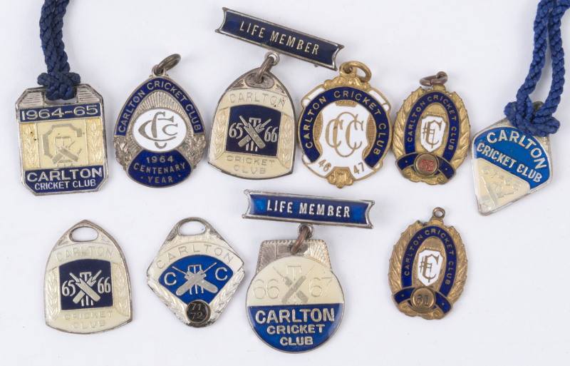 CARLTON CRICKET CLUB membership fobs, 1946-47 plus others to 1971-72 and including two with "LIFE MEMBER" bars. (10 items).