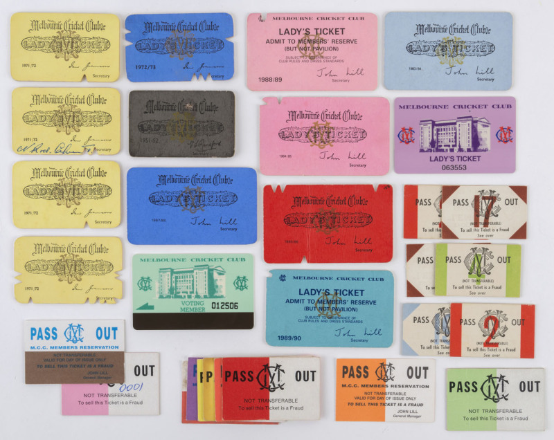 MELBOURNE CRICKET CLUB: A quantity of Lady's Membership tickets and cards together with a number of MCC Pass Outs, some of which show advertisements for "Brookes Lemos" and "Brookes Oros" friut drins. (30 items).