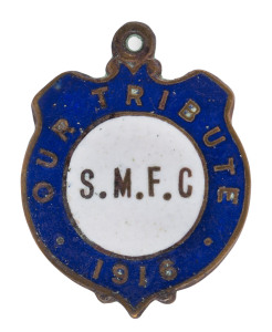 SOUTH MELBOURNE FOOTBALL CLUB: 1916 "OUR TRIBUTE" enamel and bronze fob, made by P.J. King, Melb. The only example we have seen. Believed to have been created to honour club members who enlisted during WW1.