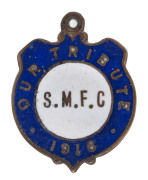 SOUTH MELBOURNE FOOTBALL CLUB: 1916 "OUR TRIBUTE" enamel and bronze fob, made by P.J. King, Melb. The only example we have seen. Believed to have been created to honour club members who enlisted during WW1. 