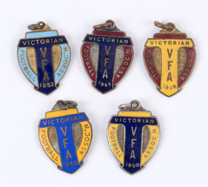 VICTORIAN FOOTBALL ASSOCIATION: Bronze & enamel membership fobs for 1948, 1949 & 1950 made by K.G. Luke, and for 1952 & 1960 made by Bertram Bros. (5 items).