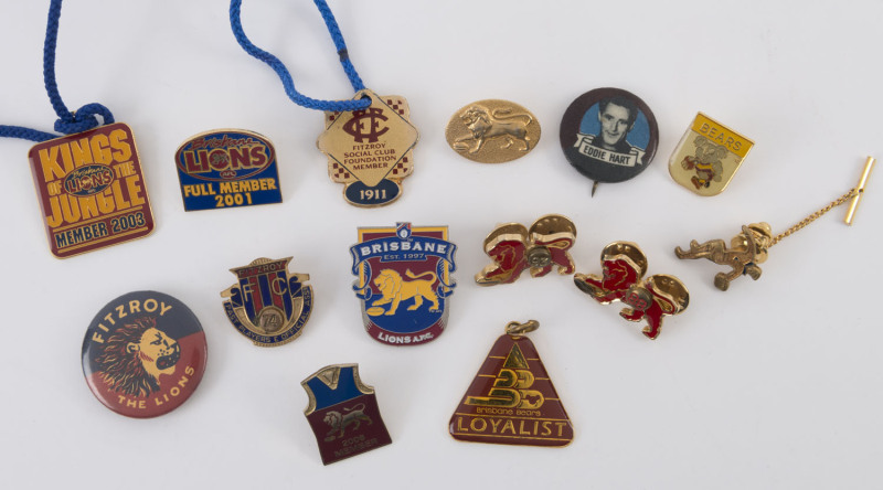 FITROY / BRISBANE BEARS / BRISBANE LIONS FOOTBALL CLUB membership badges, pins and fobs, c1950s - 2000s. (14 items).