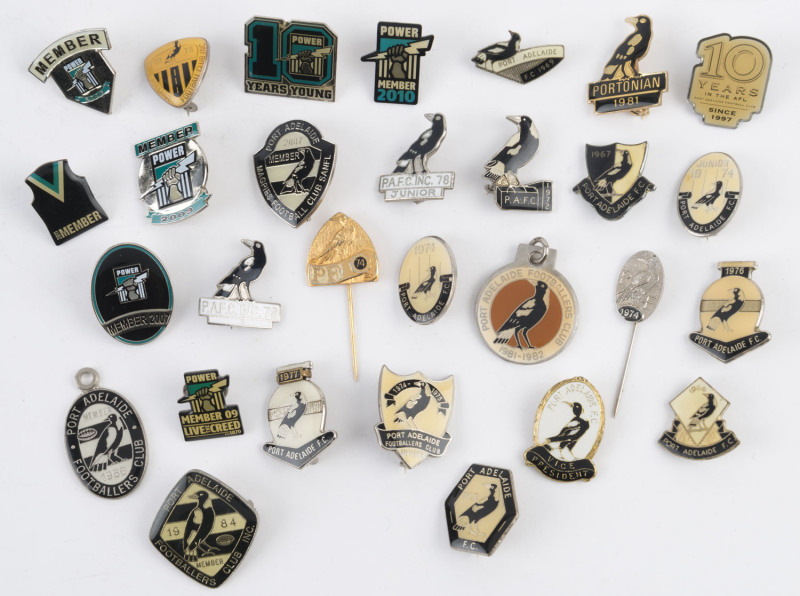 PORT ADELAIDE FOOTBALL CLUB: Accumulation of Membership badges and pins, c1960s - 2000s. (29 items).