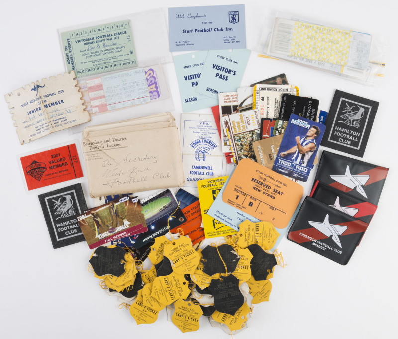 A duplicated accumulation of Football Club membership tickets, passes, etc.; noted West End F.C., Bairnsdale & District, Brisbane Lions, Sturt F.C., Essendon, Kangaroos, Hawthorn, Hamilton, etc. (qty.).