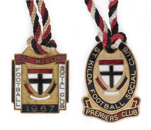 ST. KILDA FOOTBALL CLUB: 1967 Membership fob, No.0822, made by Swann & Hudson; also, St. Kilda Premiers Club fob (No.A110). (2 items).