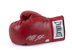 BOXING LEGENDS: 'Everlast' 10oz laced boxing glove signed by MUHAMMAD ALI, JOE FRAZIER, GEORGE FOREMAN, MIKE TYSON, EVANDER HOLYFIELD & LENNOX LEWIS, with Superstars & Legends CofA numbered #96768.