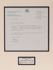 DAWN FRASER: Display celebrating Fraser's Swimming Gold Medal win in the 100m Freestyle where she claimed a new Olympic and World Record time of 62 seconds; the display featuring Fraser's signature on 1990 NSW Parliament letterhead whilst serving as an Independent Member for Balmain; overall 40.5 x 30cm.