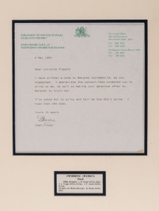 DAWN FRASER: Display celebrating Fraser's Swimming Gold Medal win in the 100m Freestyle where she claimed a new Olympic and World Record time of 62 seconds; the display featuring Fraser's signature on 1990 NSW Parliament letterhead whilst serving as an In